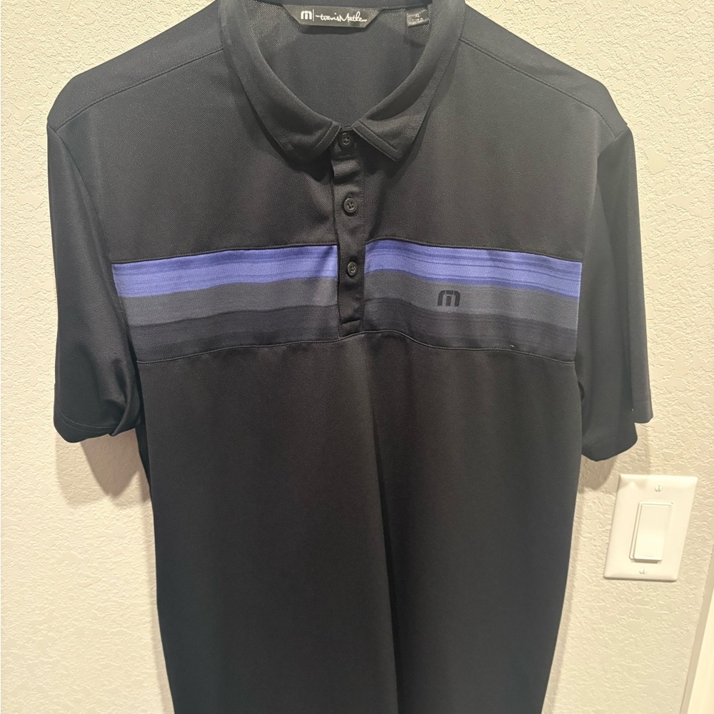 Travis Mathew Black Polo with Blue Stripe